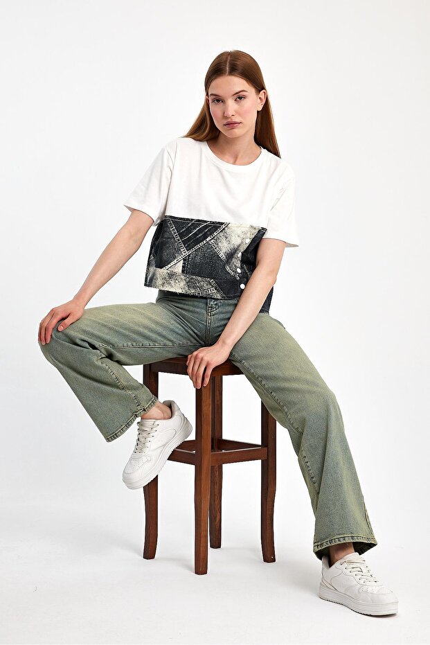 Denim Parçalı Tişört - 8