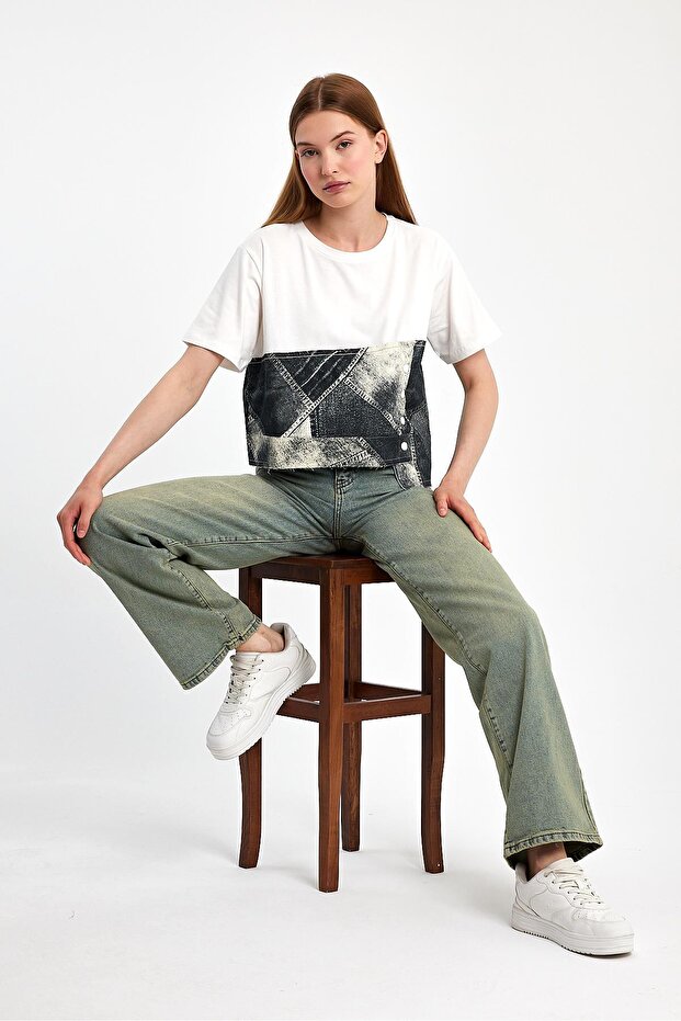 Denim Parçalı Tişört - 7