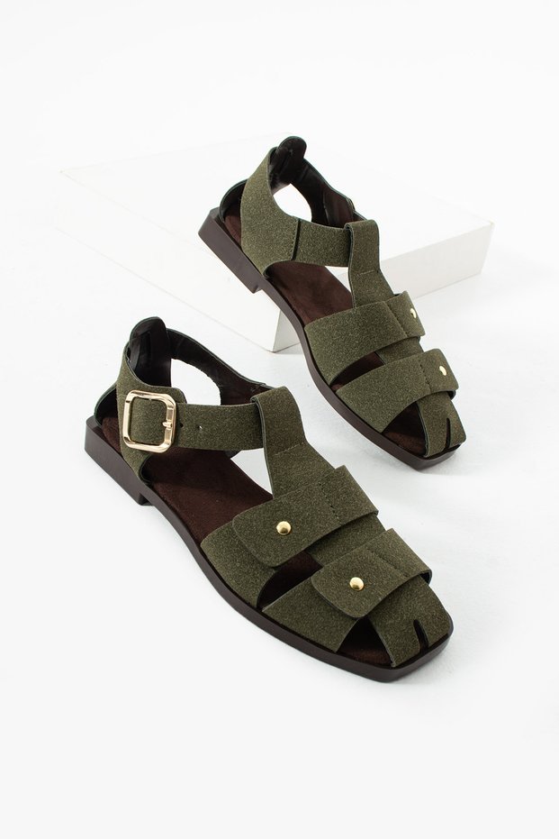 Women's Khaki Green Suede Buckle Sandals Flat Sole Comfortable Daily Sandals Shoes Calına