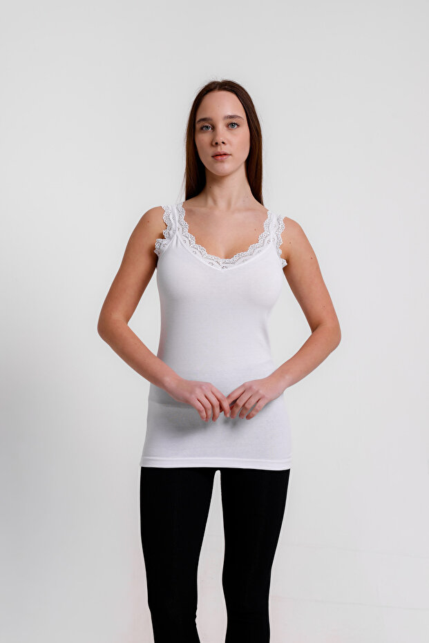Women's White Lycra Lace Tank Top