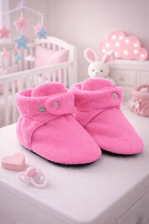 Organic Cotton Lined, Baby First Step Shoes, Non-Slip Sole, Baby Slippers, Pink Booties