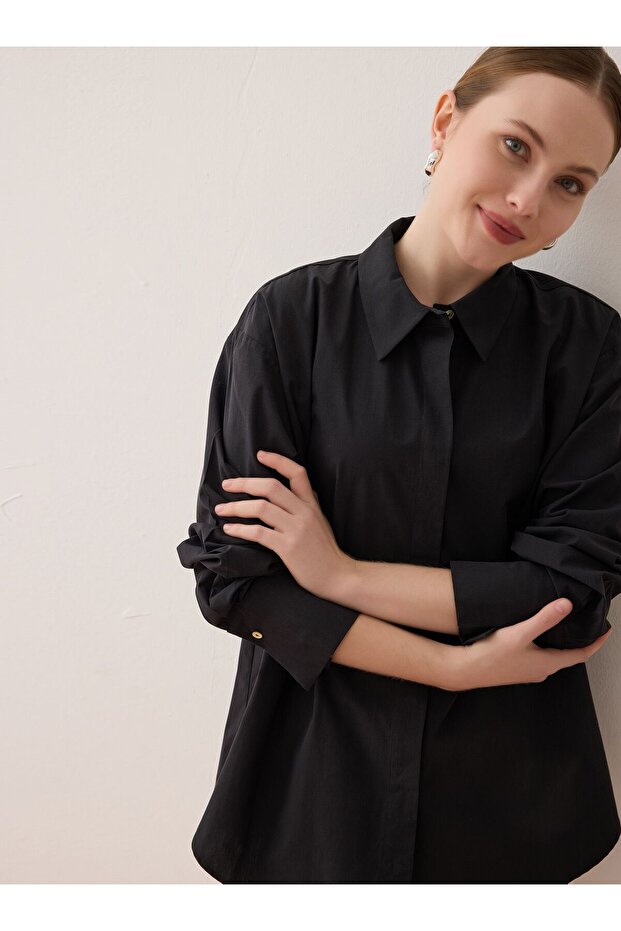 Geniş Manşetli Basic Poplin Gömlek - Siyah - Benin - 3