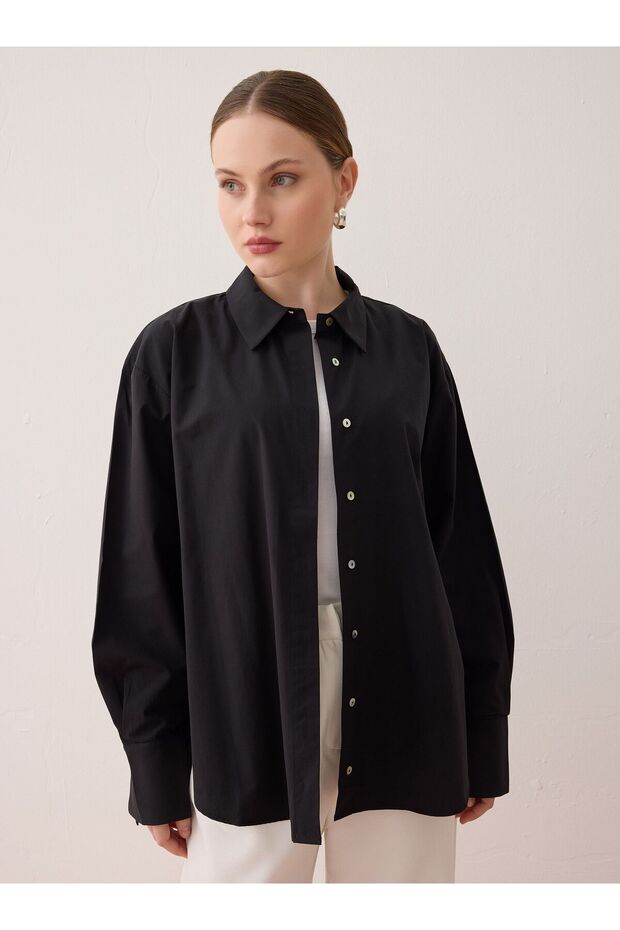 Geniş Manşetli Basic Poplin Gömlek - Siyah - Benin - 1