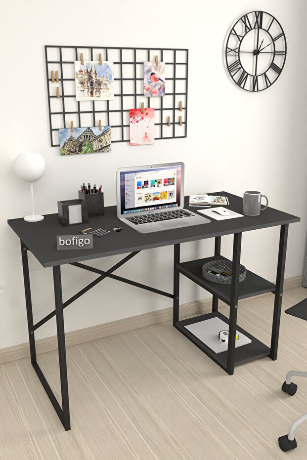 Bofigo 60x120 cm 2 Raflı Çalışma Masası Bilgisayar Masası Ofis Ders Yemek Masası Kafka Antrasit