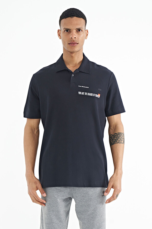 Navy Blue Text Printed Standard Form Polo Neck Men's T-shirt - 88236