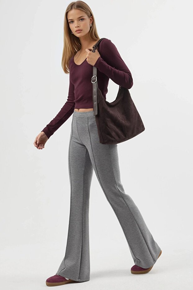 BUSEM Nervürlü Esnek Örme İspanyol Paça Pantolon - 4