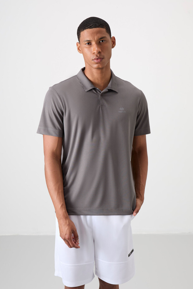 Dark Gray Logo Printed Standard Fit Polo Collar Active Sports Men's T-Shirt - 88252
