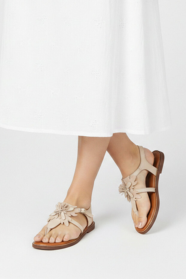 White Genuine Suede Floral Flip Flops Brown Genuine Leather Ankle Strap Women's Sandals