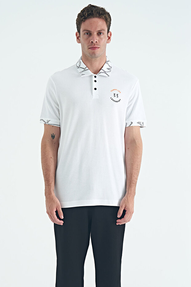 White Text Embroidered Print Detailed Standard Pattern Polo Neck Men's T-Shirt - 88239