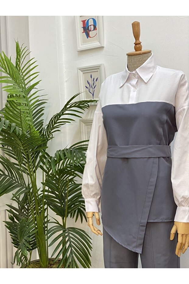 4443 - طقم حجاب مزدوج رمادي - 2