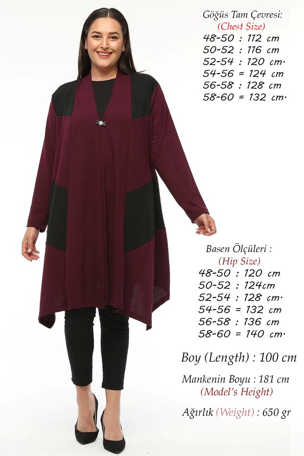 Large Size Women's Seasonal High Quality Mother Burgundy Asymmetric Cardigan