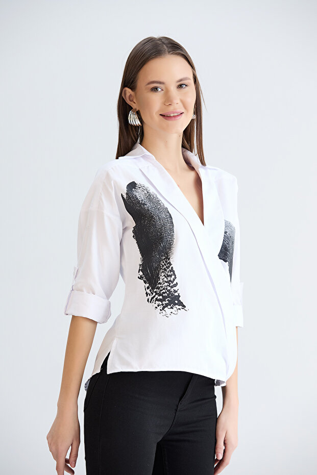 White Double Breasted Collared Shirt - 8