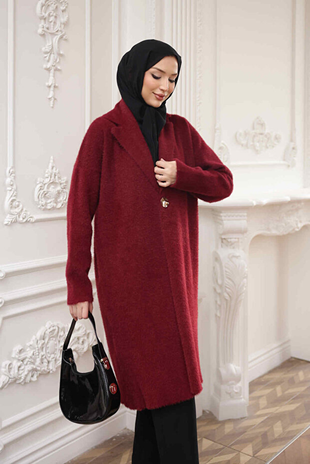 Burgundy Single Button Angora Soft Knit Cardigan