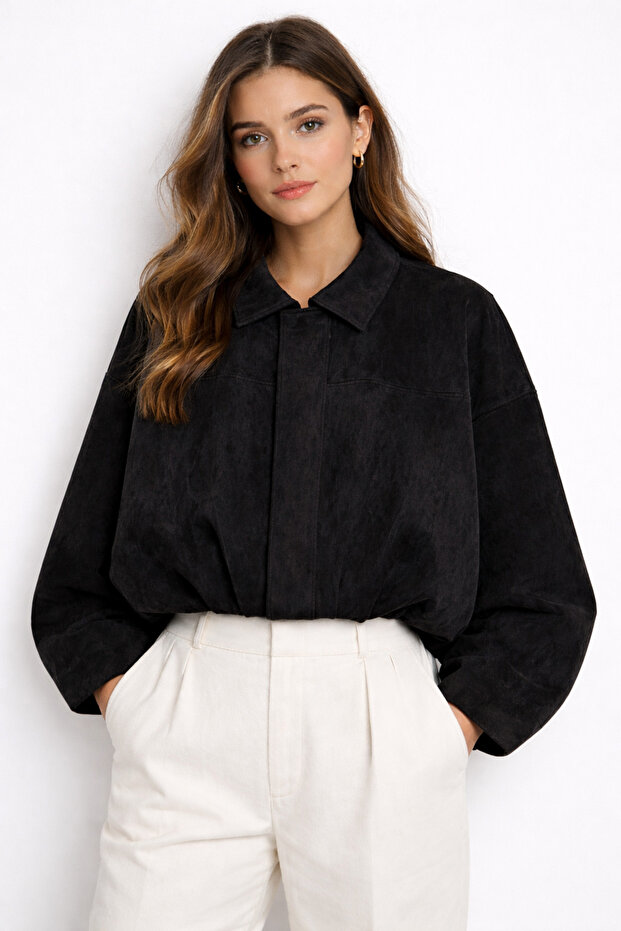 Suede Look Bomber Jacket Black - 1