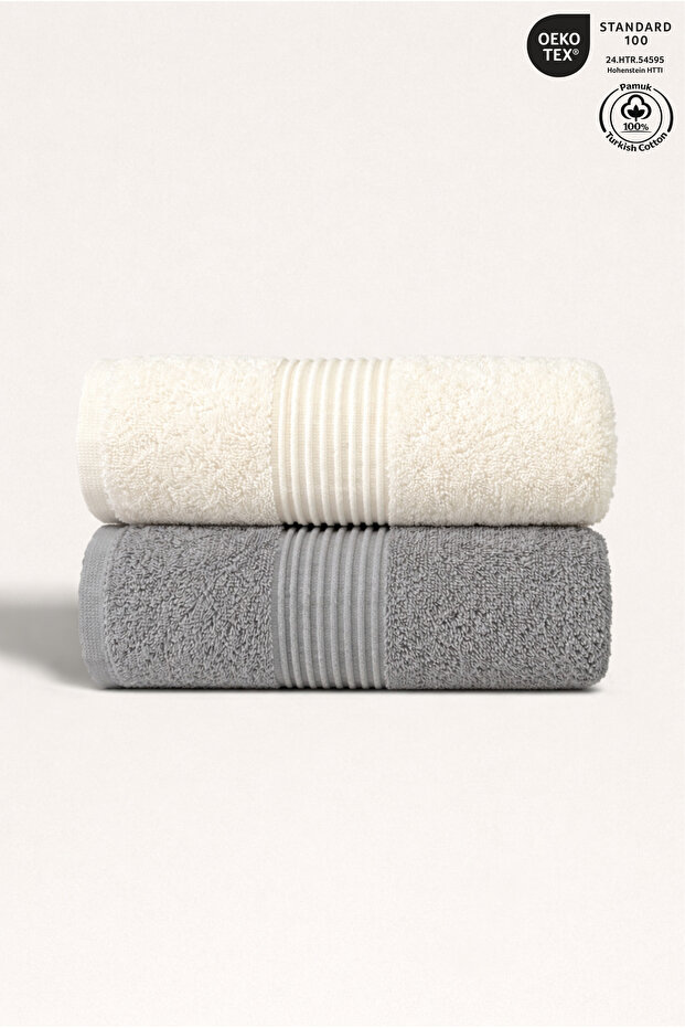 Towel Set of 2 100% Cotton Certified Hand Face Kitchen Towel 50X90Cm Cream - Gray