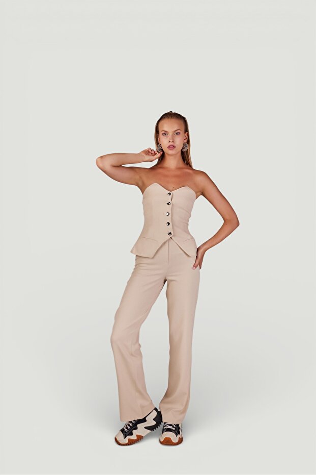 High Waist Button Closure Fabric Panky Trousers Beige