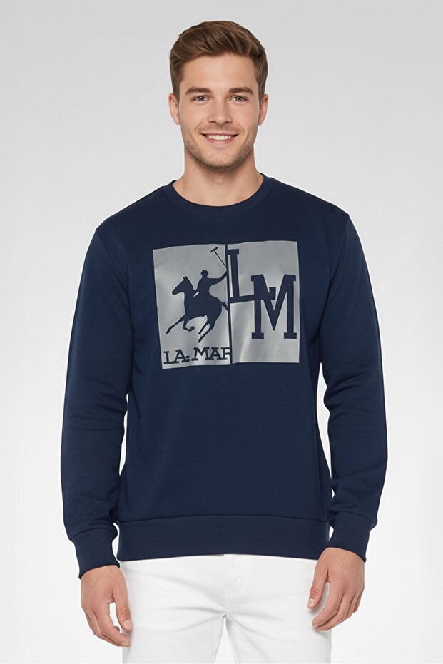Men Crew Neck Brand Logo Long Sleeves Sweatshirt, Navy