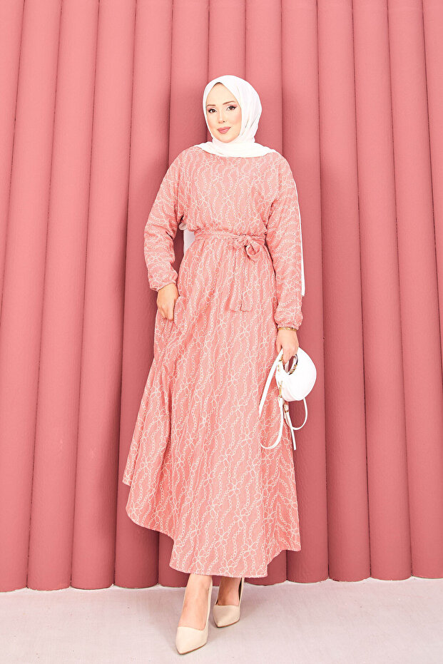 Lace Textured Portable Belted Hijab Dress Powder