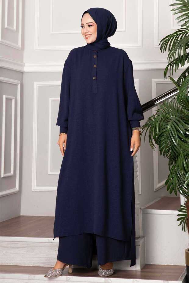 Half Buttoned Long Hijab Double Suit Navy Blue