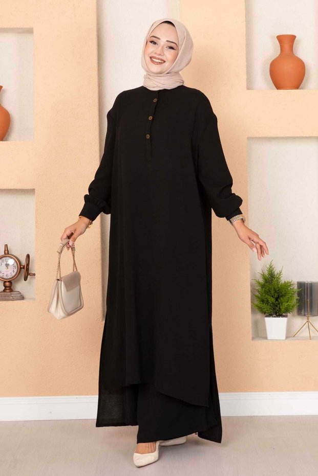 طقم إسلامي طويل بزر واحد من الجانبين باللون الأسود