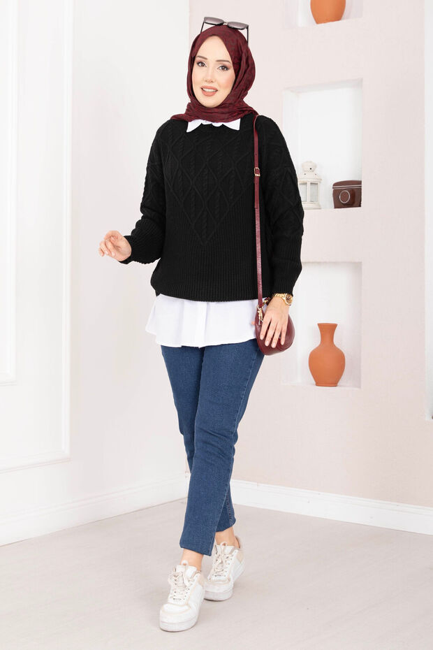 Hair Braid Patterned Knitwear Sweater Black