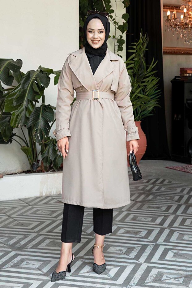 Mobile Belted Trench Coat with Adjustable Sleeves Beige