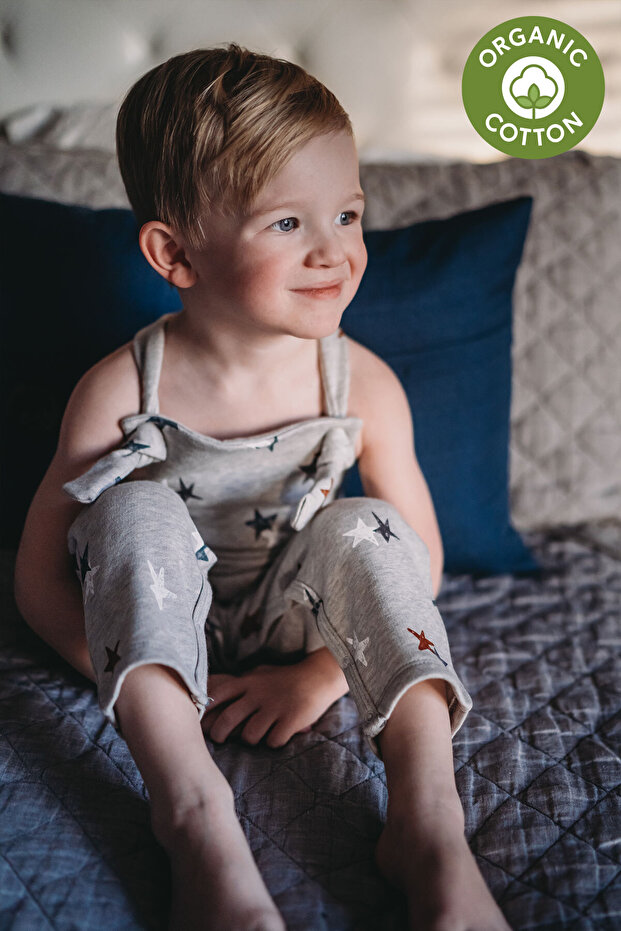 Organic Gray Starry Nights Patterned Fleece Baby Boy Salopet with Snap Fasteners at the Bottom