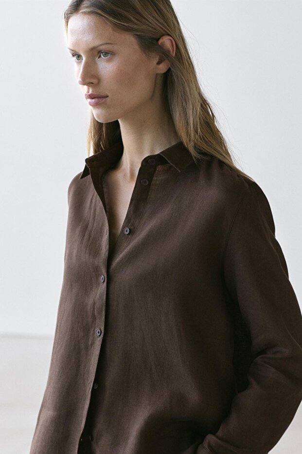 Dökümlü %100 keten gömlek - 3