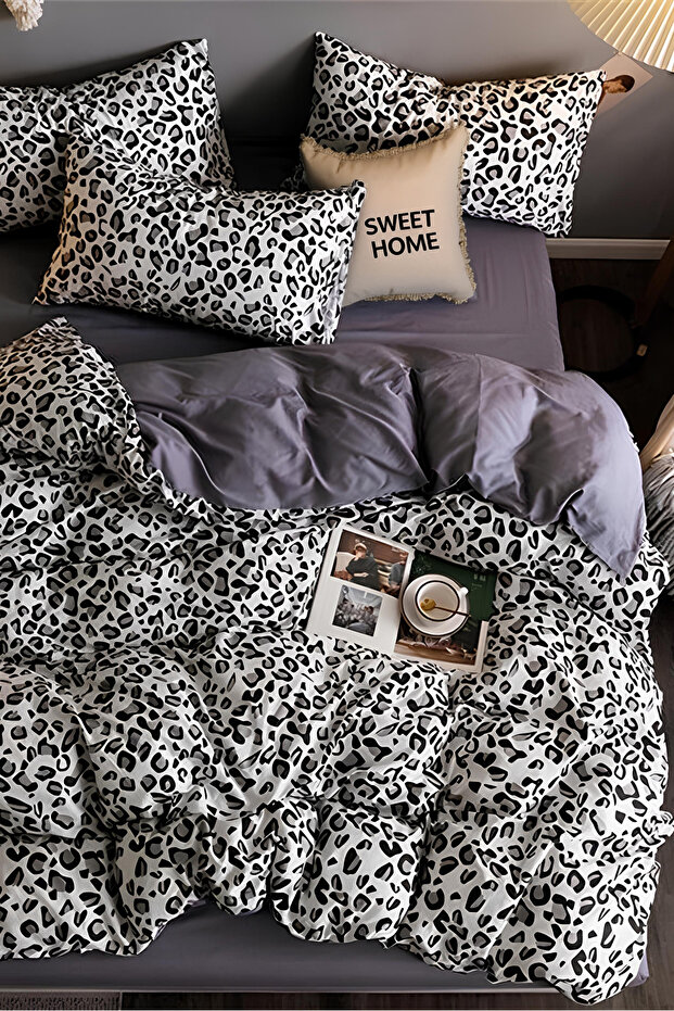 Doppelseitiges Bettbezug-Set mit elastischen Laken in Grau-Leopard