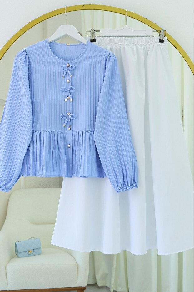 Buttoned Blouse with Bow Detail on the Front and Elasticated Sleeves -Blue