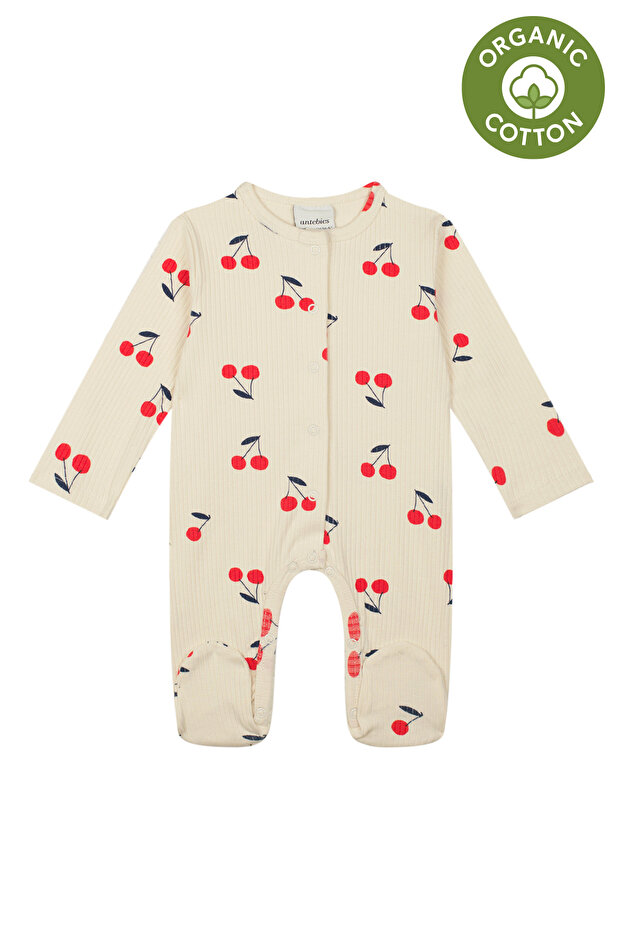 Organic Cream Cherry Patterned Snap Fastener Long Sleeve Baby Girl Booties Jumpsuit