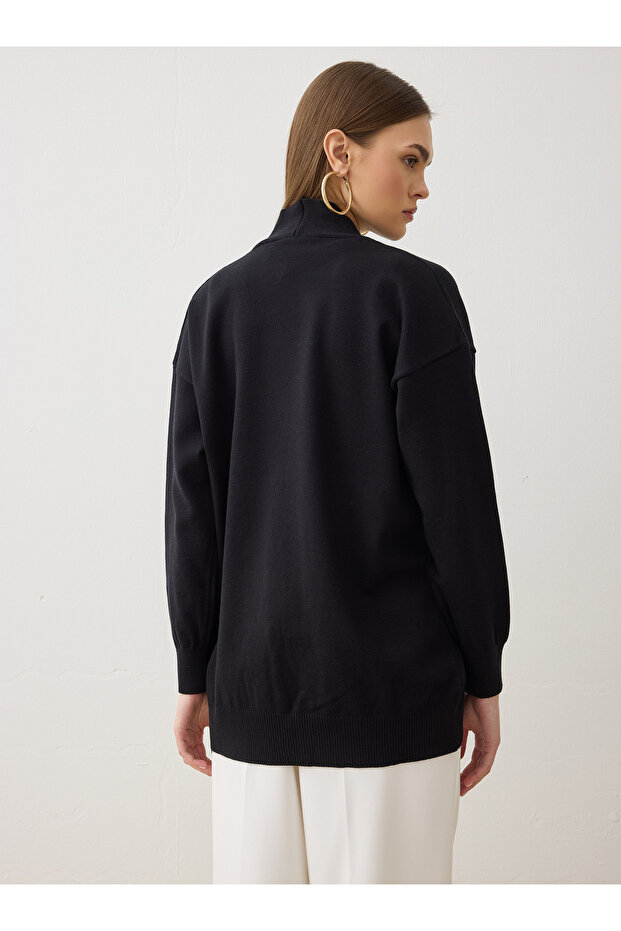 Kemerli Triko Hırka - Siyah - - 7