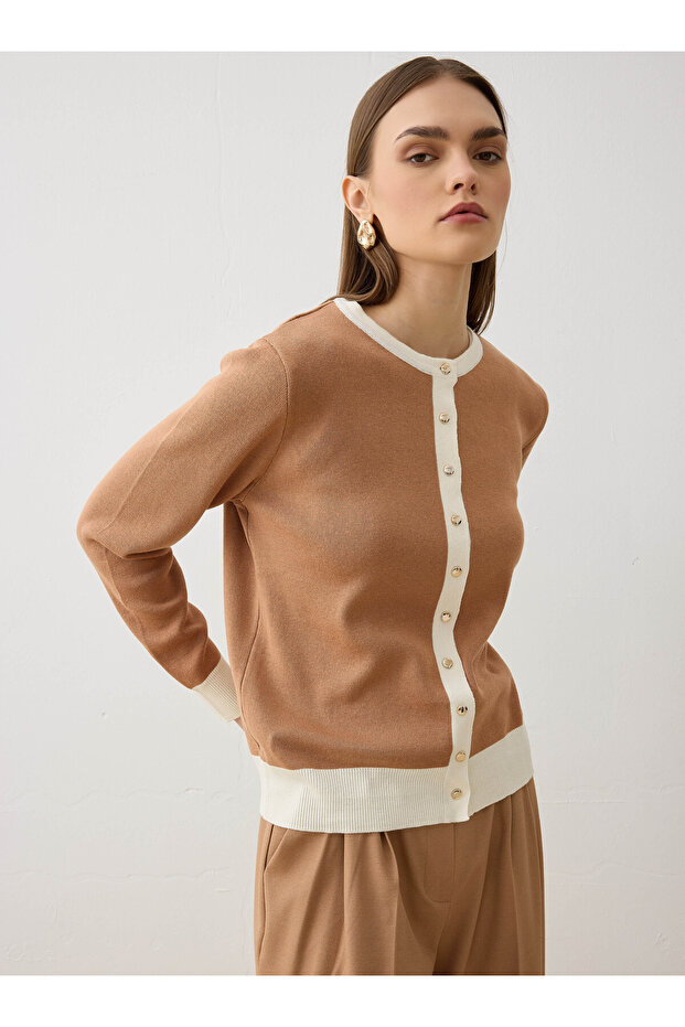 Contrast Detailed Skirt Top Knitwear Cardigan - Camel -