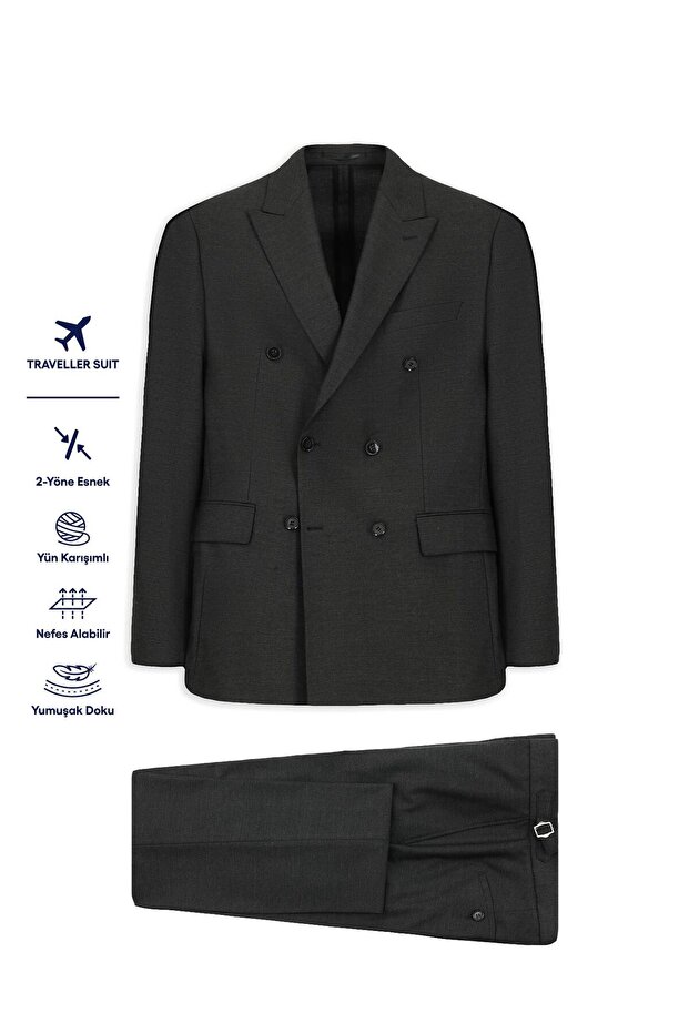 6 Drop Regular Fit Standard Cut Woolen Double-Breasted Belt Buckle Traveler Suit with Bag
