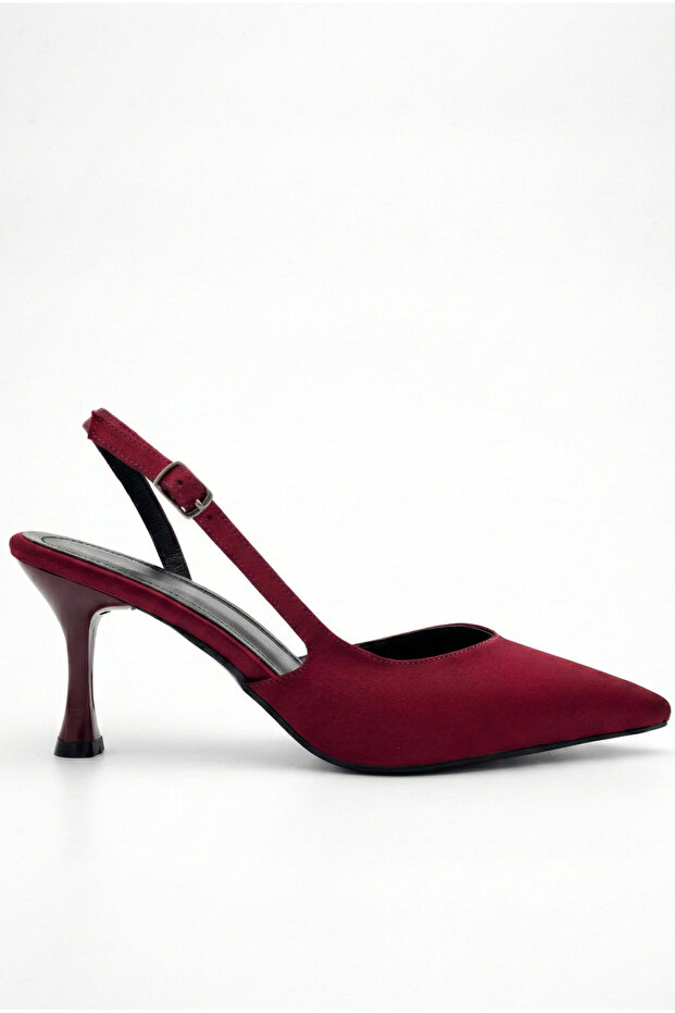 Women's Burgundy Satin Design Asymmetrical Strap Pointed Toe Thin Heeled Shoes