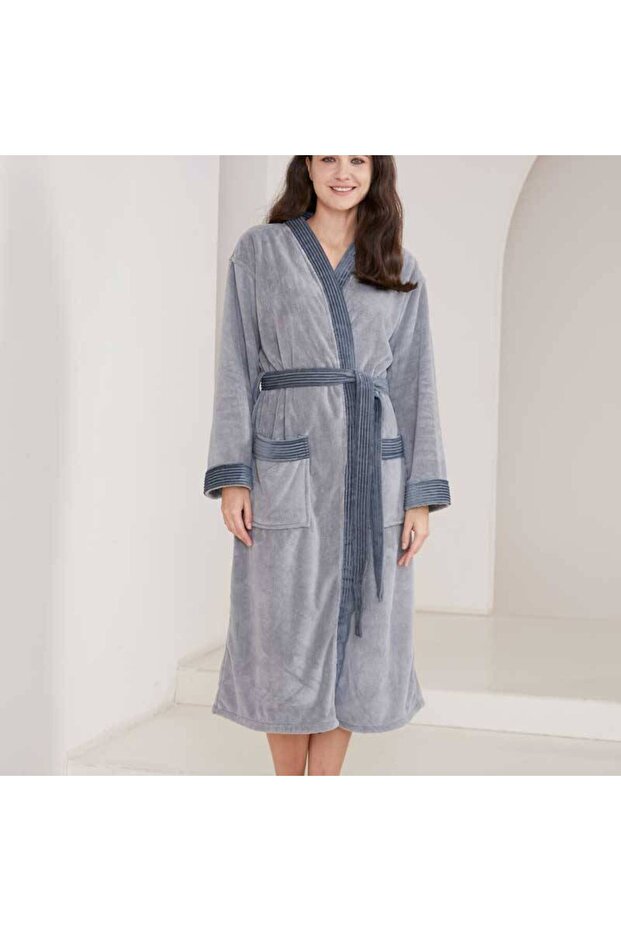 روب حمام عصري بغطاء رأس - رمادي - مقاس 4/5XL