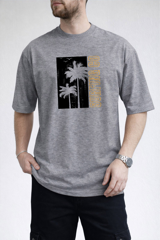 Men's Palm Tree Silhouette Surfing Co Text Printed Crew Neck Gray T-Shirt