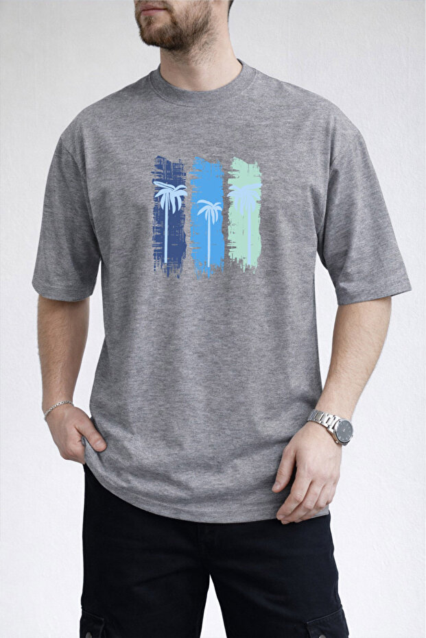Men's Three Block Palm Print Crew Neck Gray T-Shirt
