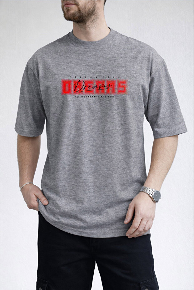 Men's Follow Your Dreams Text Printed Crew Neck Gray T-Shirt