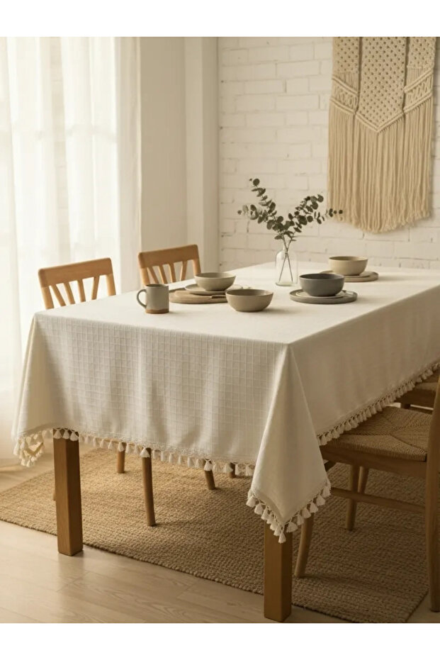 PATTERNED Cream Pompom Tablecloth - 4