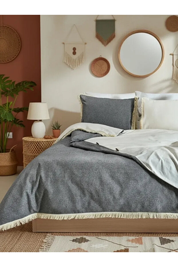 Double Color Tasseled (Anthracite - Cream) Linen Double Duvet Cover Set