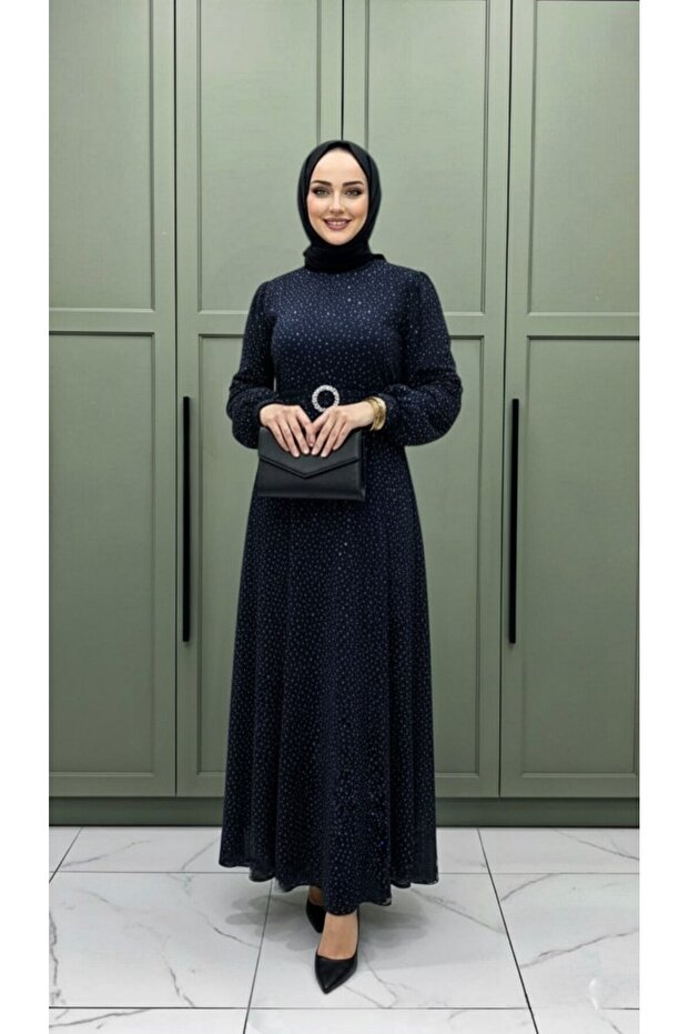 Жіноча темно-синя сукня SULTAN ABİYE з блискітками та камінням, а також поясом - 1