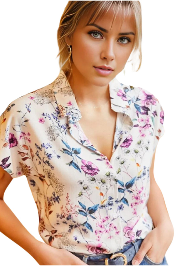 Women's Purple Floral Ecru Batwing Short Sleeve Summer Shirt