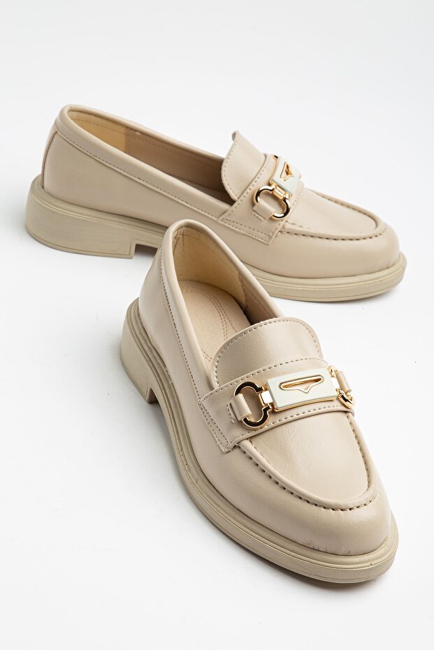 Women's Beige Patent Leather Buckle Loafer Shoes