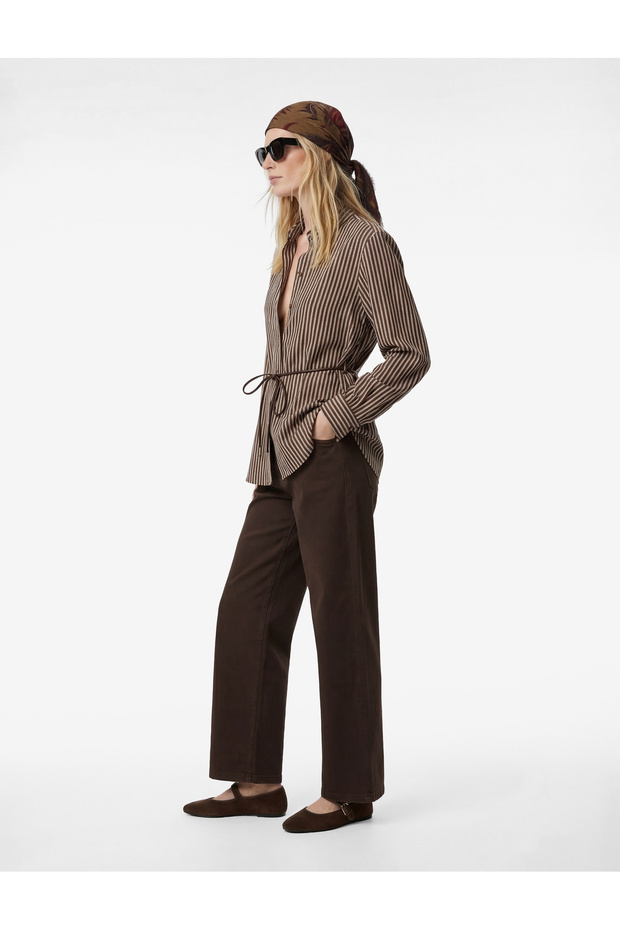 Viscose Long Sleeve Striped Shirt with Tie-Waist Belt