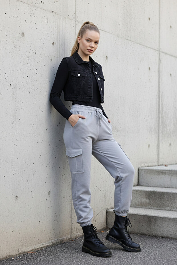 Painting Gray Sweatpants with Cargo Pockets and Elastic Waist