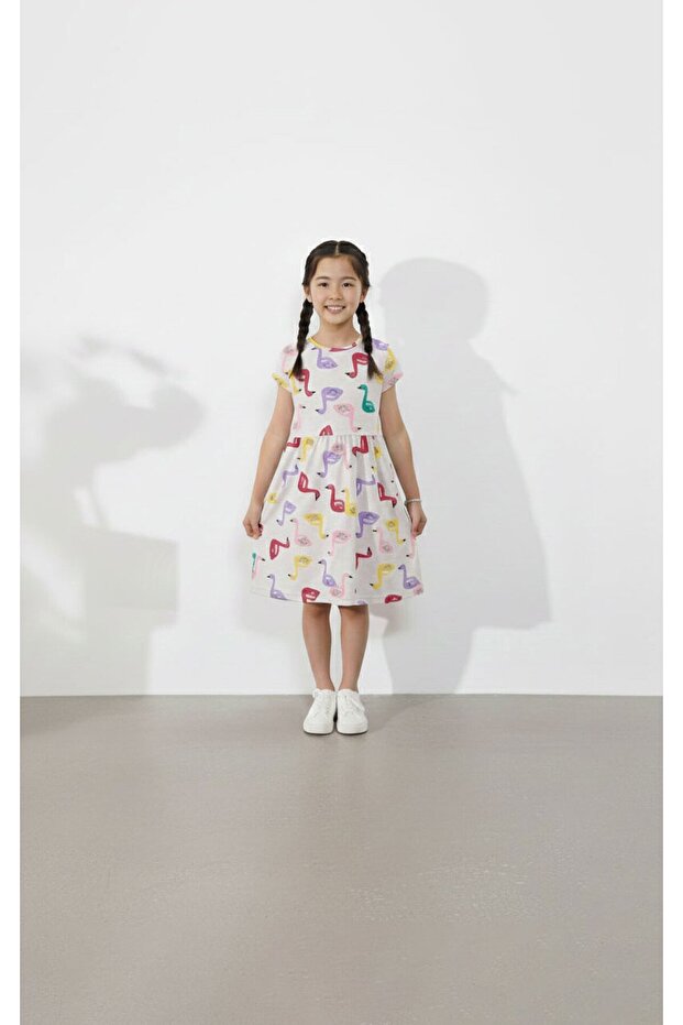 Cream Swan Printed Short Sleeve Girls' Summer Dress