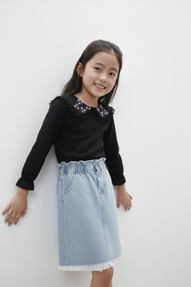 Flower Embroidered Girl's Suit with Blouse and Denim Skirt 17945