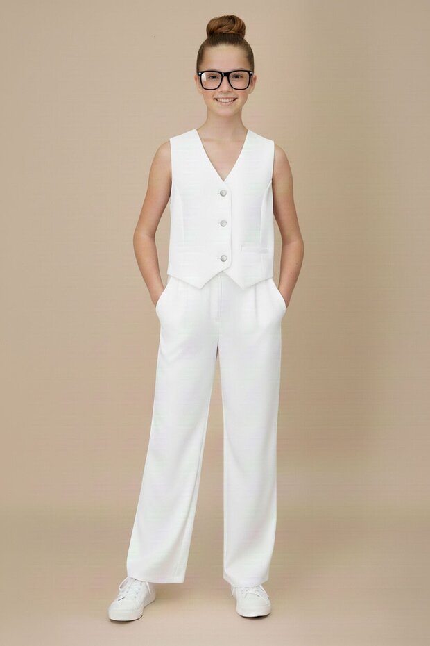 Ecru V-Neck Buttoned Vest and Wide Leg Trousers for Girls 2 Piece Set 20725