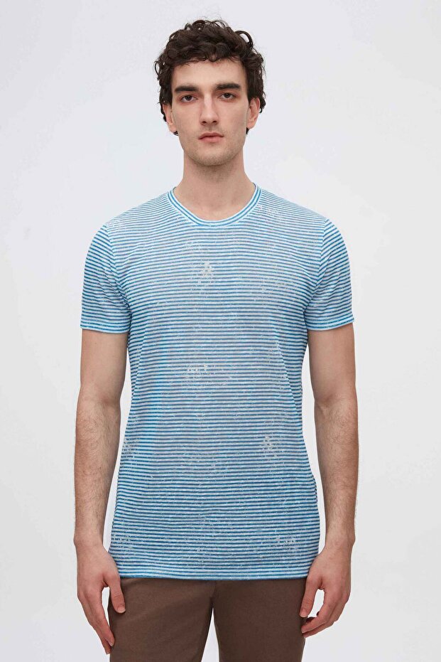 Slim Fit Cobalt Blue Stripe Printed T-Shirt